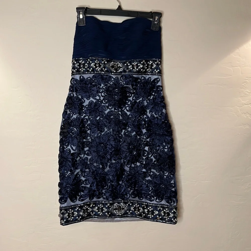 SUE WONG Blue Embellished and Embroidered Ribbon Floral Strapless Dress - Picture 2 of 11